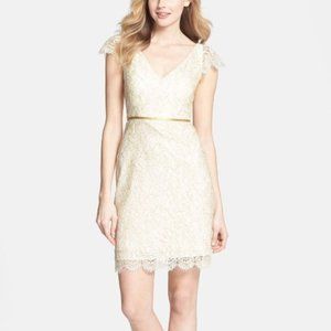 JENNY YOO CREAM AND GOLD LACE DRESS